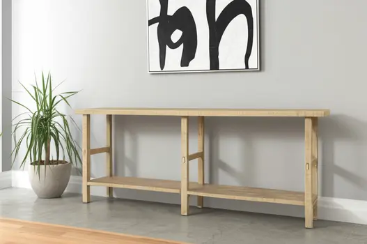 77" Natural Solid Wood Distressed Six Leg Console Table With Shelf