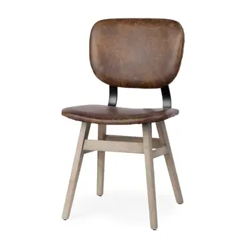 Set of Two Brown Leather And Solid Wood Open Back Dining Side Chairs