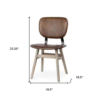 Set of Two Brown Leather And Solid Wood Open Back Dining Side Chairs