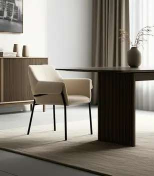 Cream and Black Boucle And Metal Dining Arm Chair