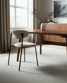 Cream and Black Upholstered Fabric And Metal Open Back Dining Side Chair