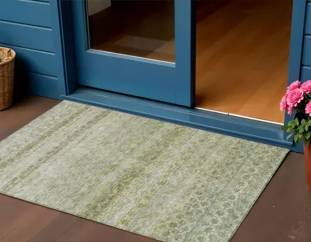3' X 5' Artichoke Green And Beige Striped Washable Indoor Outdoor Area Rug