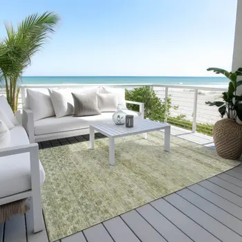 5' X 8' Artichoke Green And Beige Striped Washable Indoor Outdoor Area Rug
