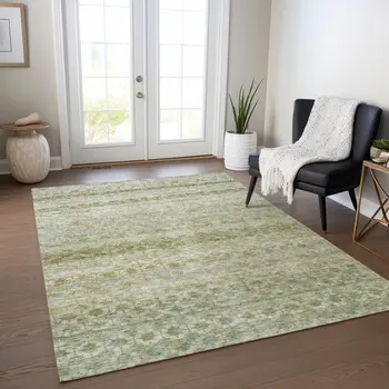5' X 8' Artichoke Green And Beige Striped Washable Indoor Outdoor Area Rug
