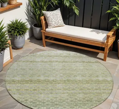 8' Artichoke Green And Beige Round Striped Washable Indoor Outdoor Area Rug