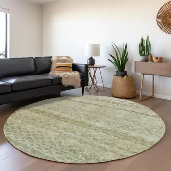 8' Artichoke Green And Beige Round Striped Washable Indoor Outdoor Area Rug