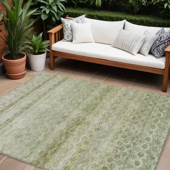 9' X 12' Artichoke Green And Beige Striped Washable Indoor Outdoor Area Rug