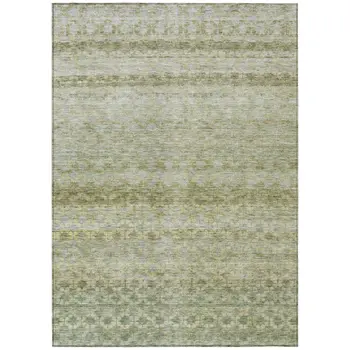 10' X 14' Artichoke Green And Beige Striped Washable Indoor Outdoor Area Rug