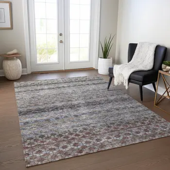 8' X 10' Brown Black And Brick Red Striped Washable Indoor Outdoor Area Rug