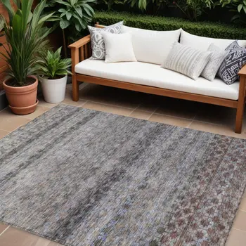 9' X 12' Brown Black And Brick Red Striped Washable Indoor Outdoor Area Rug