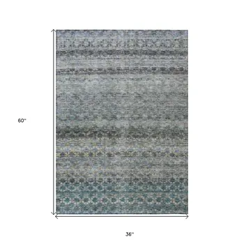 3' X 5' Teal Blue Light Blue And Gray Striped Washable Indoor Outdoor Area Rug
