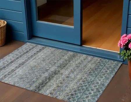 3' X 5' Teal Blue Light Blue And Gray Striped Washable Indoor Outdoor Area Rug