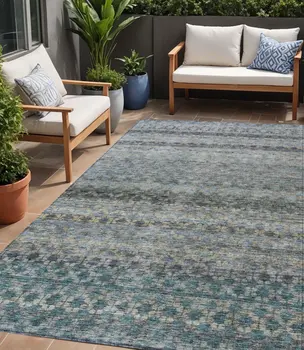5' X 8' Teal Blue Light Blue And Gray Striped Washable Indoor Outdoor Area Rug
