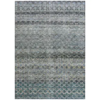 9' X 12' Teal Blue Light Blue And Gray Striped Washable Indoor Outdoor Area Rug