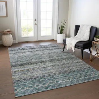 9' X 12' Teal Blue Light Blue And Gray Striped Washable Indoor Outdoor Area Rug