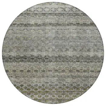 8' Pewter And Green Round Striped Washable Indoor Outdoor Area Rug