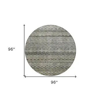 8' Pewter And Green Round Striped Washable Indoor Outdoor Area Rug