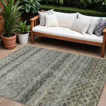 8' X 10' Pewter And Green Striped Washable Indoor Outdoor Area Rug
