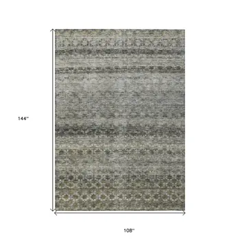 9' X 12' Pewter And Green Striped Washable Indoor Outdoor Area Rug