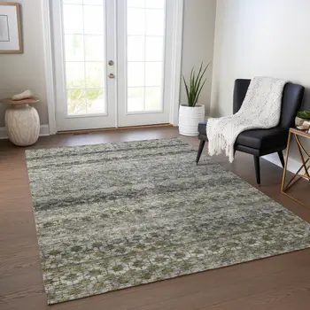 10' X 14' Pewter And Green Striped Washable Indoor Outdoor Area Rug