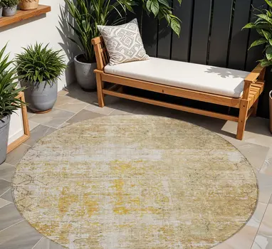 8' Gold Brown And Beige Round Geometric Washable Indoor Outdoor Area Rug