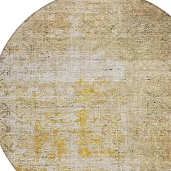 8' Gold Brown And Beige Round Geometric Washable Indoor Outdoor Area Rug