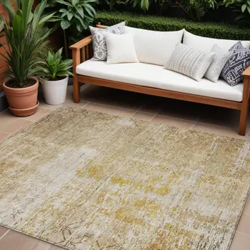 8' X 10' Gold Brown And Beige Geometric Washable Indoor Outdoor Area Rug