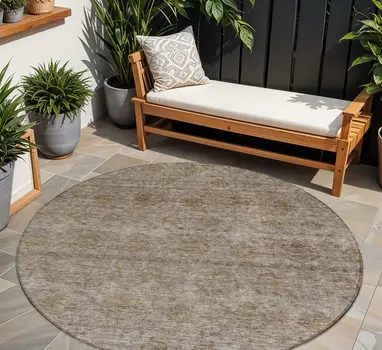 8' Brown And Tan Round Floral Washable Indoor Outdoor Area Rug