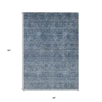 3' X 5' Blue And Ivory Floral Washable Indoor Outdoor Area Rug