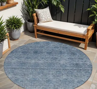 8' Blue And Ivory Round Floral Washable Indoor Outdoor Area Rug