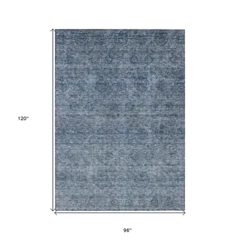 8' X 10' Blue And Ivory Floral Washable Indoor Outdoor Area Rug