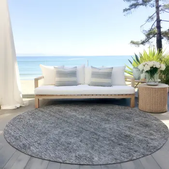 8' Gray And Charcoal Round Floral Washable Indoor Outdoor Area Rug