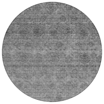 8' Gray And Charcoal Round Floral Washable Indoor Outdoor Area Rug