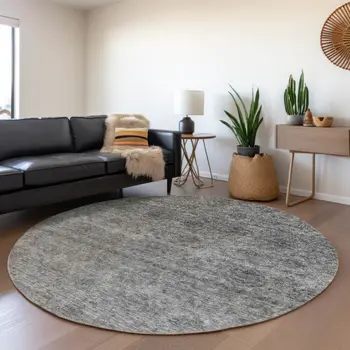 8' Gray And Charcoal Round Floral Washable Indoor Outdoor Area Rug