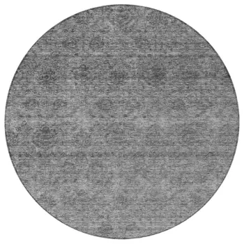 8' Gray And Charcoal Round Floral Washable Indoor Outdoor Area Rug