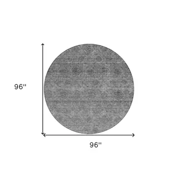 8' Gray And Charcoal Round Floral Washable Indoor Outdoor Area Rug