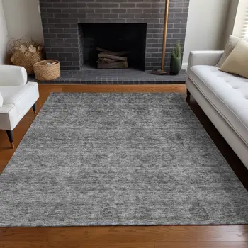 10' X 14' Gray And Charcoal Floral Washable Indoor Outdoor Area Rug