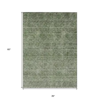 3' X 5' Olive Green And Beige Floral Washable Indoor Outdoor Area Rug