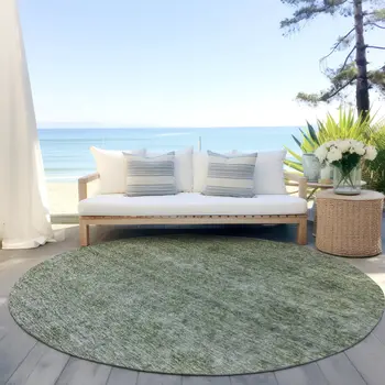 8' Olive Green And Beige Round Floral Washable Indoor Outdoor Area Rug