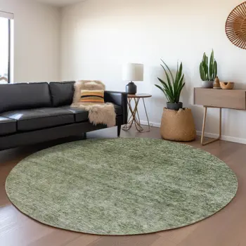 8' Olive Green And Beige Round Floral Washable Indoor Outdoor Area Rug