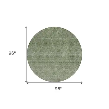 8' Olive Green And Beige Round Floral Washable Indoor Outdoor Area Rug