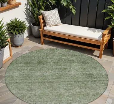 8' Olive Green And Beige Round Floral Washable Indoor Outdoor Area Rug