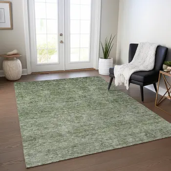 8' X 10' Olive Green And Beige Floral Washable Indoor Outdoor Area Rug