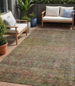 5' X 8' Artichoke Green And Hot Pink Floral Washable Indoor Outdoor Area Rug