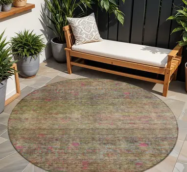 8' Artichoke Green And Hot Pink Round Floral Washable Indoor Outdoor Area Rug