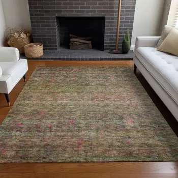 8' X 10' Artichoke Green And Hot Pink Floral Washable Indoor Outdoor Area Rug