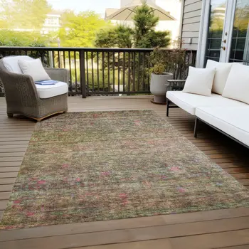 8' X 10' Artichoke Green And Hot Pink Floral Washable Indoor Outdoor Area Rug