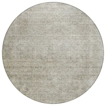 8' Linen And Gray Round Floral Washable Indoor Outdoor Area Rug