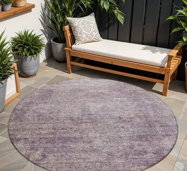 8' Plum And Lavender Round Floral Washable Indoor Outdoor Area Rug