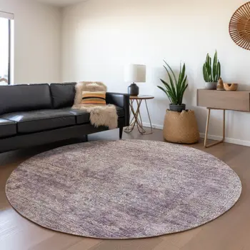 8' Plum And Lavender Round Floral Washable Indoor Outdoor Area Rug